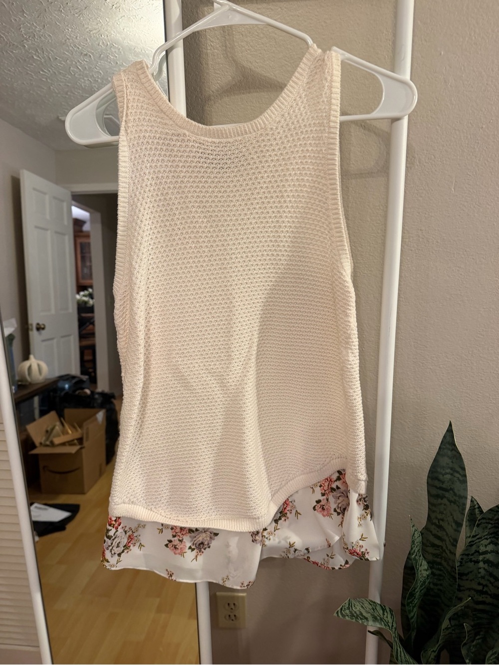 LOFT Cream Knit Tank with Floral Chiffon Hem
